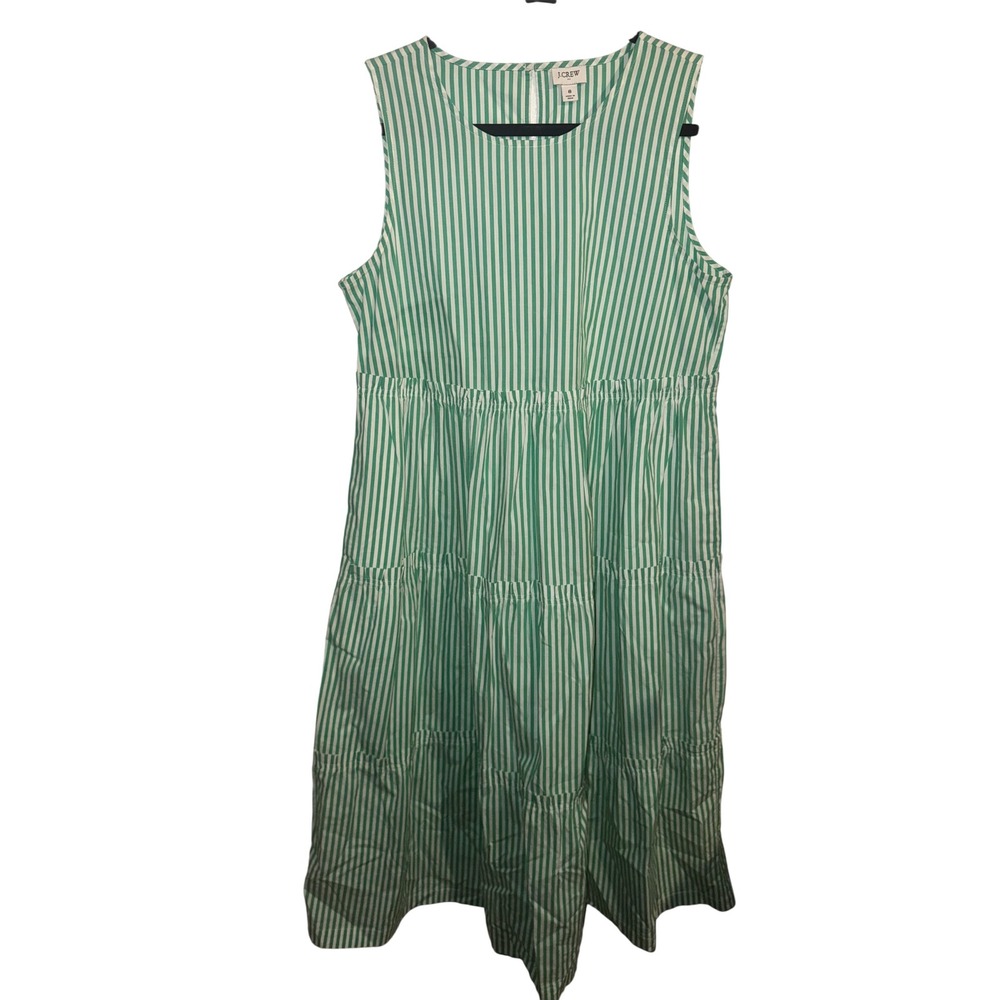 J.Crew Green White Striped Tiered Sleeveless Midi Dress with Pockets Womens 8
